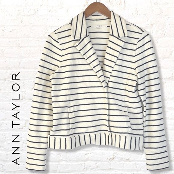 Loft Ann Taylor Snap Button Blazer Jacket Size Medium Striped White Navy Cotton - Picture 1 of 9